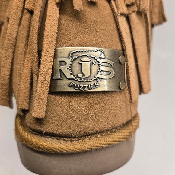 RJ's Fuzzies Suede Shearling Golden Tan Foldover-Top Fringed Cozy Boots, Size 10 - Picture 6 of 13